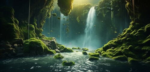 Surreal waterfall defying gravity, flowing upwards into a floating lake surrounded by rocks covered...