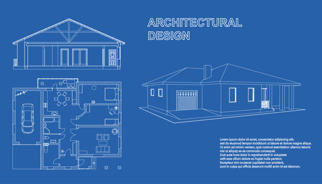 Perspective 3D, floor plan and cross section suburban house. Drawing of the modern building. Cottage project on blue background. Vector architectural blueprint.