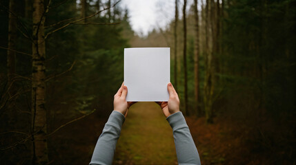 Person holding a blank sheet of paper for mockup