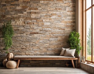 Wooden rustic bench near wild stone cladding wall against window. Farmhouse interior design of modern home entryway.