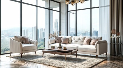 Interior of spacious living room in a modern luxury apartment. Hardwood floor, beige upholstered furniture, vintage rug, coffee table.