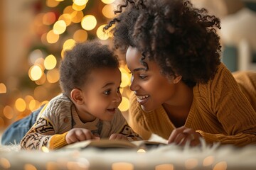 African American mother lying on floor and reading a book for her little son. Charming mom and cute boy enjoy their time together at home, have fun and learn. - Powered by Adobe