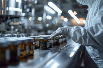 Modern hemp processing facility where an employee in a clean suit packages cannabis products in a sterile environment, placing the final product into labeled containers and jars.