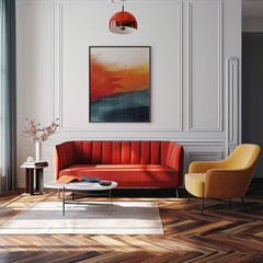 Modern classic bright living room interior. Hardwood floor, painting on the white wall, scarlett sofa, beige armchair, coffee table, rug on the floor, large window.