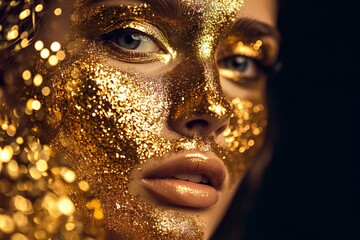 Close-up of beautiful young woman's face with creative gold makeup. Seductive female model with magical golden glow. Black background with bokeh effect.