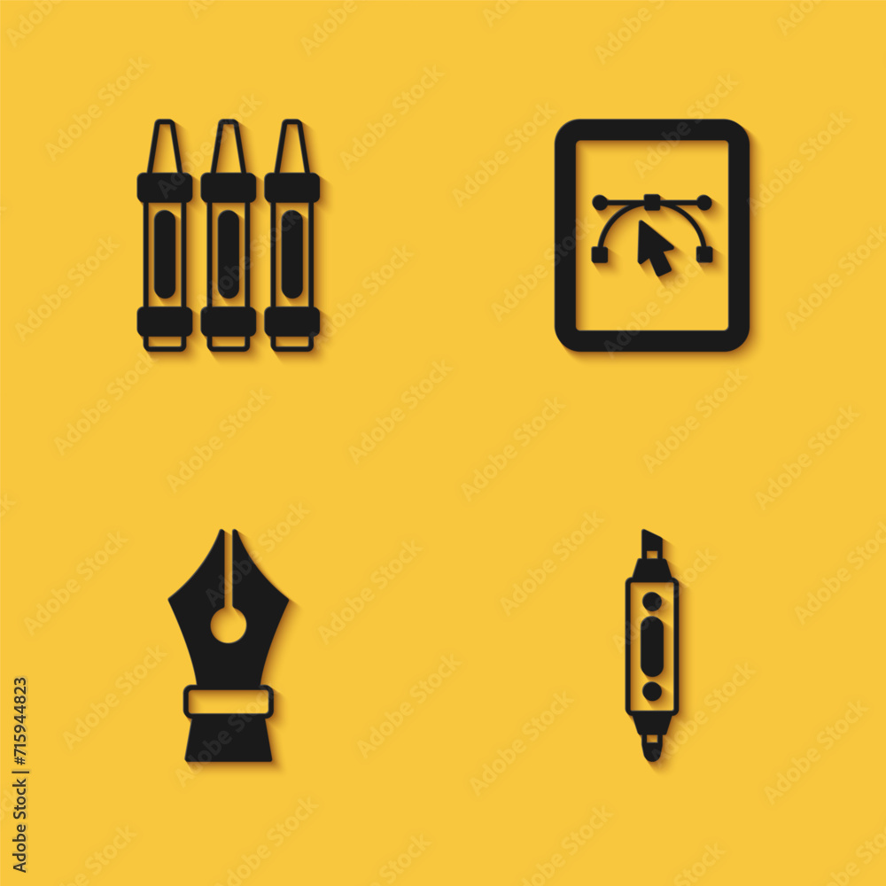 Poster set wax crayons for drawing, marker pen, fountain nib and computer with design program icon with lon