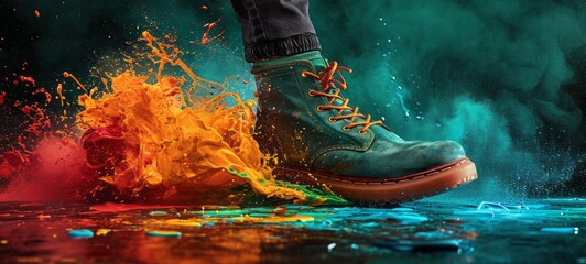 Close-up of a man's foot wearing a turquoise boot with an orange sole with bright multi-colored paint splatters. 