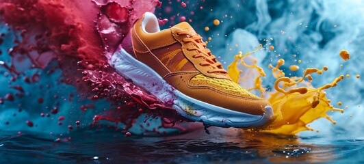 A single sports sneaker floating in the air with bright multicolor paint splashes. Modern sports...