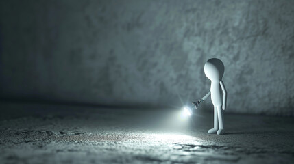 A white stick figure is using a flashlight in the dark. Generative AI - obrazy, fototapety, plakaty