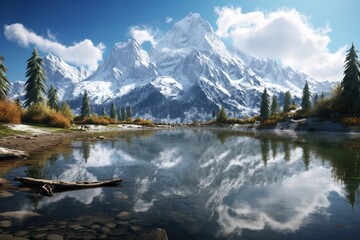 Fototapeta na wymiar Mesmerizing Reflections of Snow-Capped Peaks in a Tranquil Lake.