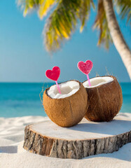 Valentine's day in the tropics. Two coconut on the sand with red hearts on blurred ocean background