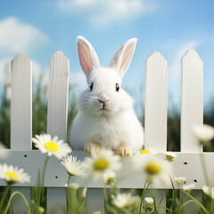 Cute rabbit sits in the grass and looks out from behind the fence - 715945240