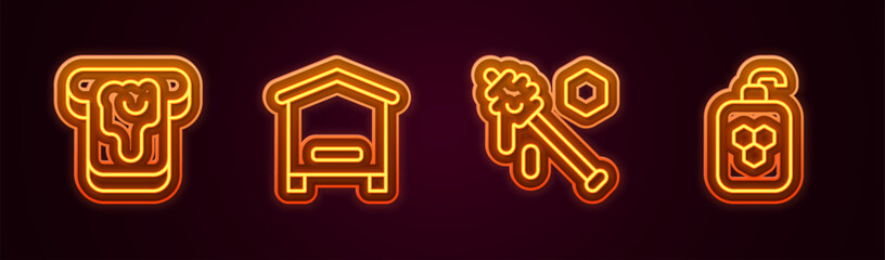 Set line Bread with honey, Hive for bees, Honey dipper stick and Cosmetic tube. Glowing neon icon. Vector