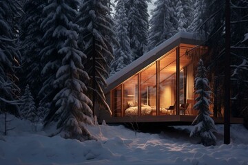 Snowy forest home. Generative AI
