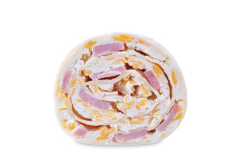 Ham Cheddar cheese cream cheese pinwheel on a white isolated background