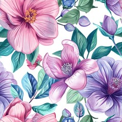 Watercolor convolves flowers with leaves seamless pattern.