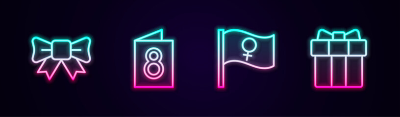 Set line Gift bow, Greeting card with 8 March, Feminist activist and box and heart. Glowing neon icon. Vector