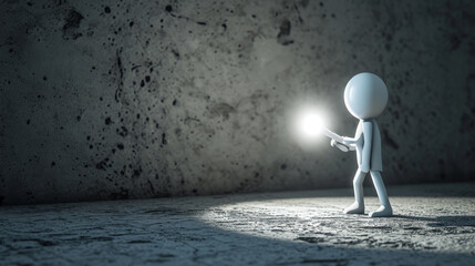 A white stick figure is using a flashlight in the dark. Generative AI