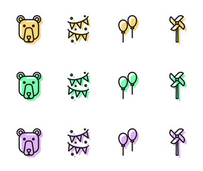 Set line Balloons with ribbon, Bear head, Carnival garland flags and Pinwheel toy icon. Vector