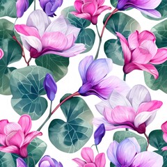 Watercolor cyclamen flowers with leaves seamless pattern.