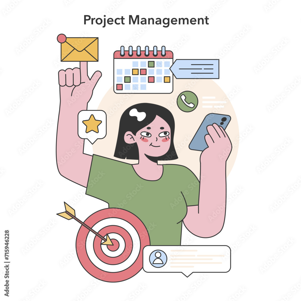 Poster project management visualization. organized female project manager with tools for planning and track