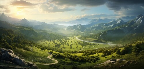 Mesmerizing sun-kissed valley embraced by the gentle contours of hills.