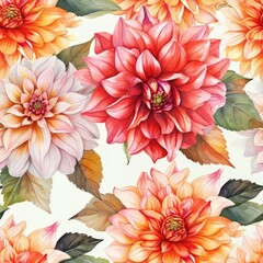 Watercolor dahlia flowers with leaves seamless pattern.