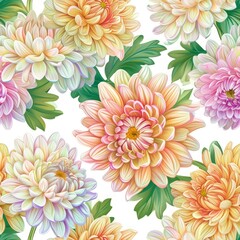 Obraz premium Watercolor chrysanthemum flower with leaves seamless pattern.