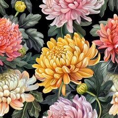 Watercolor chrysanthemum flower with leaves seamless pattern.