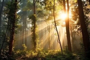 Fototapeta na wymiar Mesmerizing Sunlight Filtering Through Dense Forest Canopy at Dawn.