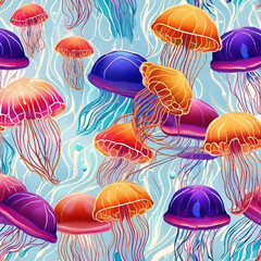 Multiple colorful jellyfish flowing and hovering in the ocean blue waters 