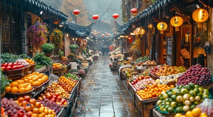 Old narrow street of the traditional Bazaar Market in China. Small shops are selling ceramics, carpets, spices fruits and souvenirs - obrazy, fototapety, plakaty