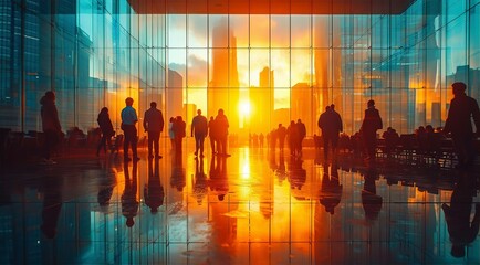 Obraz premium Silhouette of a group people walking in the city at sunset, beautiful reflection of sun light in skyscrapers, motion blur.