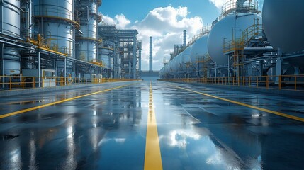 Industrial storage zone for oil, gas terminal tanks. Oil refinery plant pipe line at sunny day.
 - obrazy, fototapety, plakaty