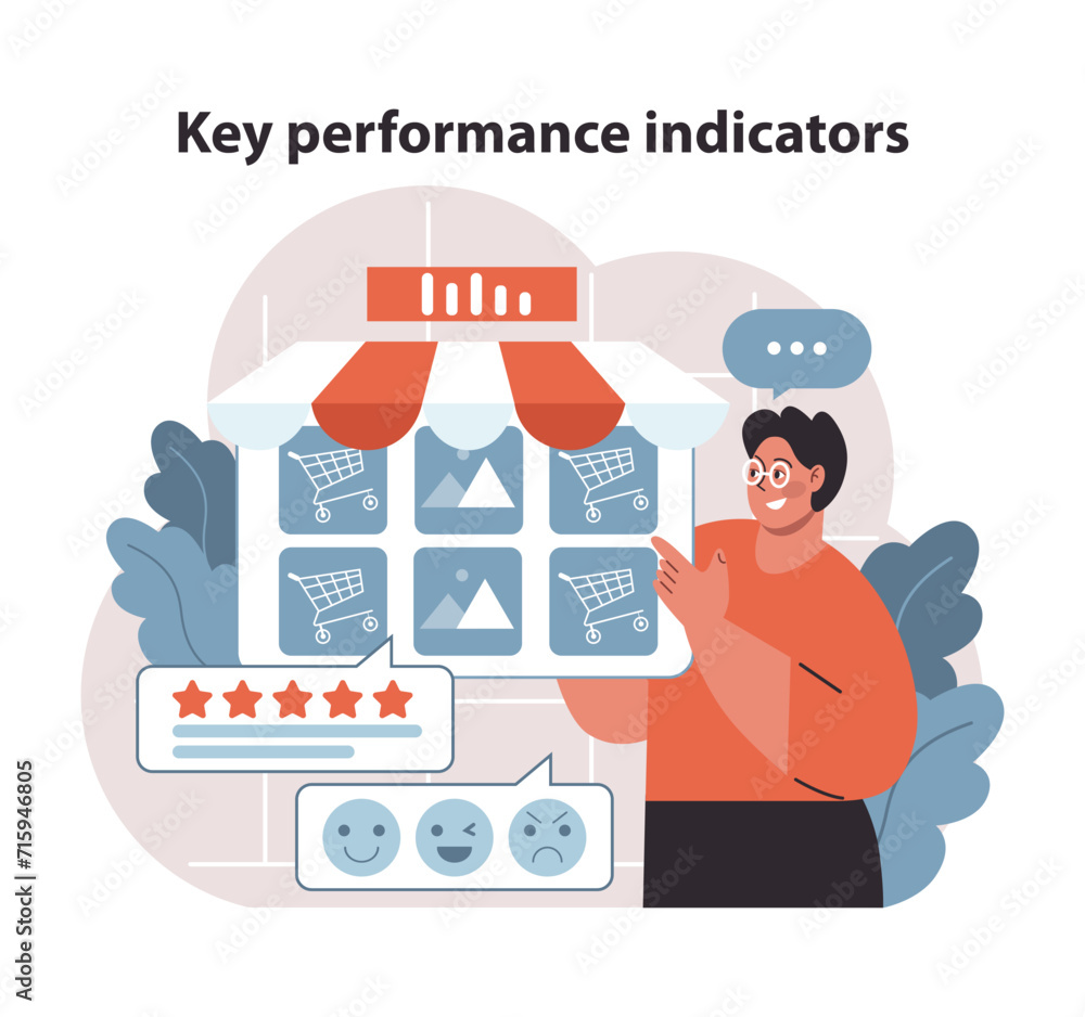 Poster key performance indicators in retail. detailed monitoring of customer satisfaction and sales metrics
