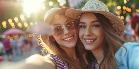 Beautiful women is taking selfie outdoors