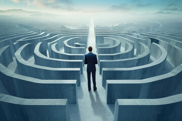 businessman standing at a crossroads in a maze, trying to decide which way to go. - obrazy, fototapety, plakaty