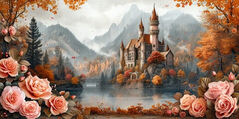 Pink roses, various flowers, leaves, and buttons decorate the pink princess palace in a watercolor fantasy - obrazy, fototapety, plakaty