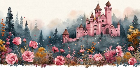 Pink roses, various flowers, leaves, and buttons decorate the pink princess palace in a watercolor fantasy - obrazy, fototapety, plakaty