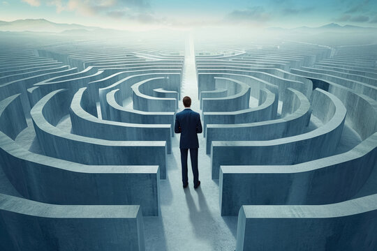 businessman standing at a crossroads in a maze, trying to decide which way to go.