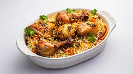 Chicken biryani , kerala style chicken dhum biriyani made using jeera rice and spices arranged in a white ceramic table ware with white background