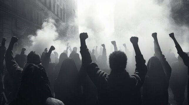 Group of people raising their hands in the air, grasping hand. A protest scene capturing a moment of civil unrest, with defiant individuals raising fists against an oppressive backdrop. 