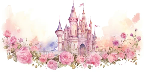 Foto op Aluminium Pink roses, various flowers, leaves, and buttons decorate the pink princess palace in a watercolor fantasy © sisir