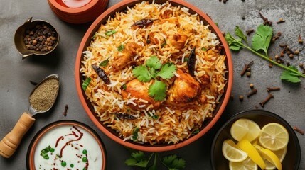 Chicken dhum biriyani using jeera rice and spices arranged in earthen ware with raitha and lemon pickle on grey background. - obrazy, fototapety, plakaty