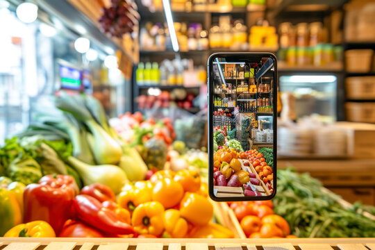 Food market in smartphone. Online shop. Food delivery background concept. Online shop in your smartphone.