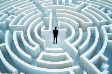 businessman standing at a fork in the road in a maze, looking thoughtful