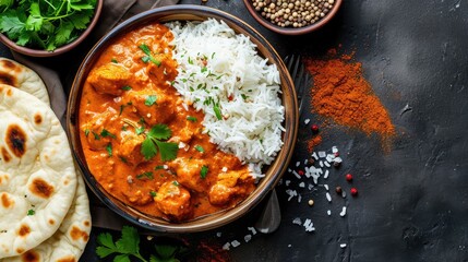 Chicken tikka masala spicy curry meat food Butter chicken with rice and naan bread on dark background close-up