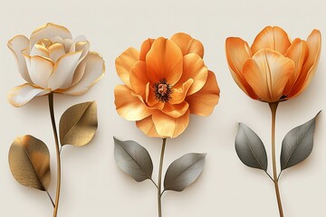 Set of golden floral art posters, gold rose, tulip and lilly on white background abstract concept...