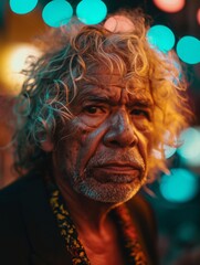 Old Latino Man with Blond Curly Hair vintage photo. Portrait of a person in 1980s aesthetics. Punk fashion. Historic photo Ai Generated Photorealistic Vertical Image.