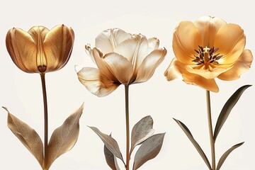 Set of golden floral art posters, gold rose, tulip and lilly on white background abstract concept art - obrazy, fototapety, plakaty